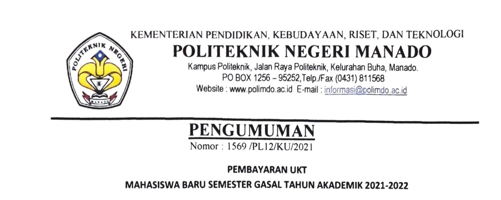 Payment of Single Tuition Fee (UKT) for Prospective New Students of Manado State Polytechnic in 2021