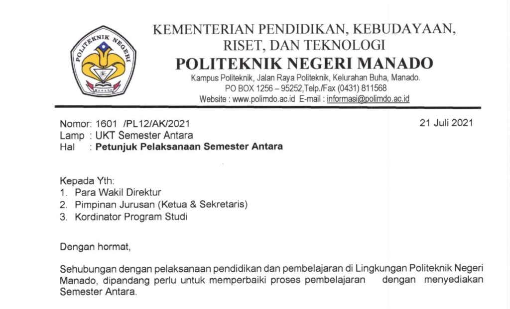 Announcement of Semester Instructions Between Manado State Polytechnic