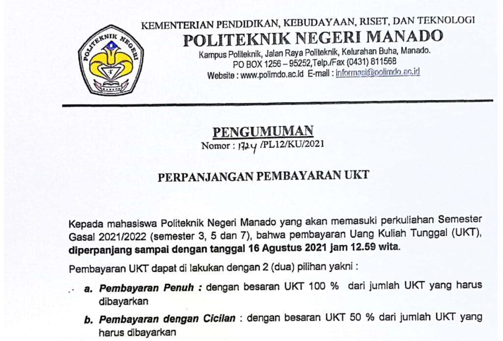 Perpanjangan Pembayaran UKT Politeknik Negeri Manado Perkuliahan Semester Ganjil 2021 -2022 (Semester 3, 5 dan 7)