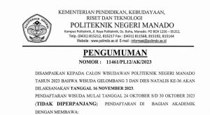 Pengumuman Calon Wisudawan Politeknik Negeri Manado Tahun 2023 Wisuda Gelombang 3 dan Dies Natalies Ke 36